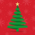 Christmas tree design with paper stripe or ribbon. Xmas card template with snowflake background.